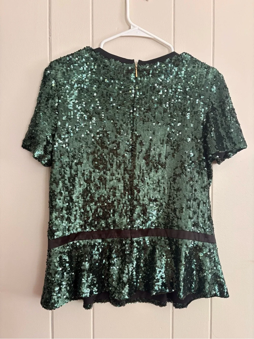 Tory Burch Emerald Green Sequin Short Sleeve Peplum Top